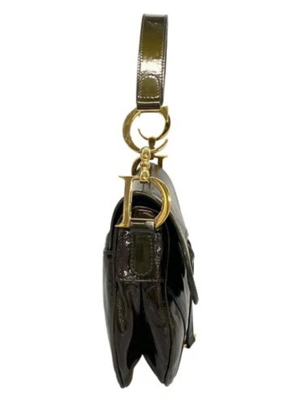 DIOR/ChristianDior Double Saddle Bag Dark Brown Patent Leather Shoulder Bag - Picture 2 of 15